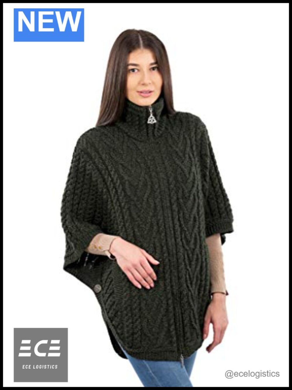 SAOL Irish Merino Wool Cardigan Poncho Front Pockets Aran Stitch